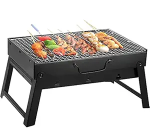 STARLEY Folding Portable Outdoor Barbeque Charcoal BBQ Grill Oven Black Carbon Steel, Black