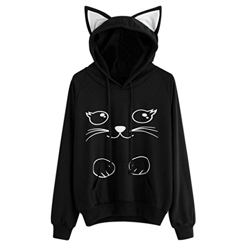Preisvergleich Produktbild Sweatshirts Damen Katze Aufdruck CLOOM Schöne Mollige Kapuzenpullover Drucken Hoodie Niedlich Bluse Oversized Winterpulli Einfarbige College Freizeit Pullunder Mädchen Kuschelpullover (2XL, Schwarz)