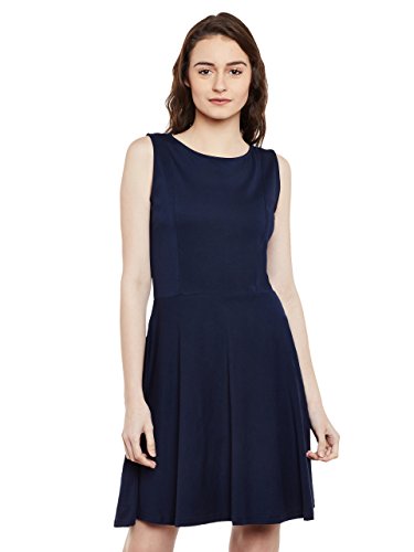 Miss Chase Womens Navy Blue Round Neck Sleeveless Solid Mini Skater Dress