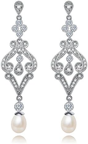 Pearl Long Drop Pierced Dangle Earrings Flower Chandeliar Silver White Elements Crystal Engagement Jewelry