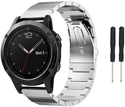Watch Band 22mm,ALISIAM Metal Stainless Steel Watch Wrist Strap with 2 Bolt Driver for Garmin Fenix 5 GPS,Comfortable &amp; Adjustable (Silver)