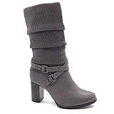  Angkorly - Zapatillas Moda Botas Biker - Motociclistas Cavalier Bimaterial Mujer Ganchillo Tanga Tachonado Talón Tacón Ancho Alto 8 CM - Plantilla Forrada de Piel - Gris F2139 T 36