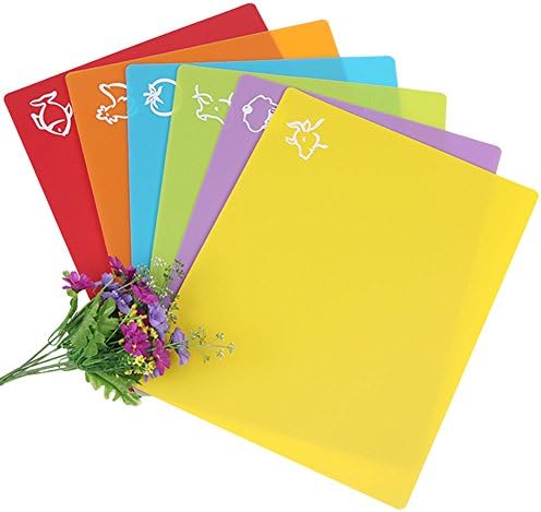 Extra Thick Flexible Plastic Cutting Board Mats Food Safety Collection Non-Stick Flexible Cutting Mat Set With Food Icons Waffle Back (Color-6ps)