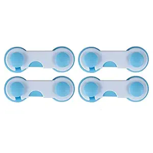 SYGA 4 Pcs Baby Safety Plastic Locks | Child Proof Cabinets, Drawers, Appliances, Toilet Seat, Fridge and Oven | Tools Not Required | Uses Dual Adhesive Tape and Latch System (Blue)