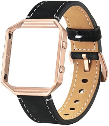 Amoyl for Fitbit Blaze Bands Leather with Frame Large, PU Leather Replacement Band with Metal Frame for Fitbit Blaze Fitness Women Men (Black Band Leather with Gold Frame)