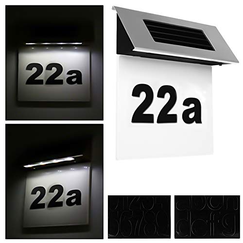 Preisvergleich Produktbild Spetan Solarhausnummer mit 4 LEDs beleuchtet transparent aus Edelstahl, Hausnummernleuchte LED Solar Automatische Nachterkennung, solar Hausnummernschild für Außenwandleuchte