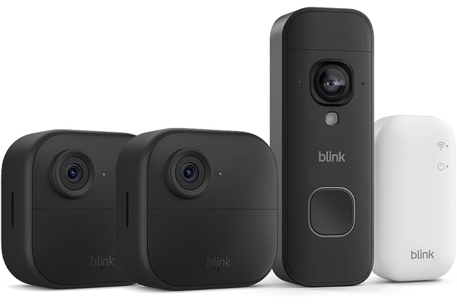 Blink Outdoor 4 Kameras (Außenkamera) mit Blink Videotürklingel 2K+ (neueste Generation), Schwarz, i
