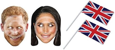 Prince Harry & Meghan Markle Card Face Masks and 2 Hand Waving Union Jack Flags, Royal Wedding