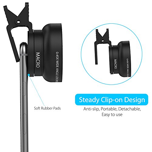 Telefono cellulare fotocamera lente Zptone 2Â in 1Â clip-on Lens kit 0.45Â x super grandangolo e macro 12.5Â x Phone obiettivo per iPhone 8Â 7Â 6S 6Â Plus 5S Samsung Android e telefoni smartphone nero
