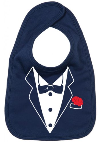 Dirty Fingers, A Tuxedo with Carnation in pocket, Boy Girl Unisex Feeding Bib, Navy