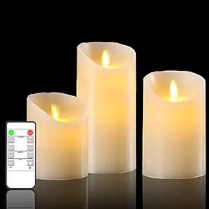 LTETTES Flameless LED Candle Flickering Real Wax Faux Wick Moving Flame Effect Set of 3 Ivory Real Wax Pillar LED Candles Battery Operated with Remote Controller