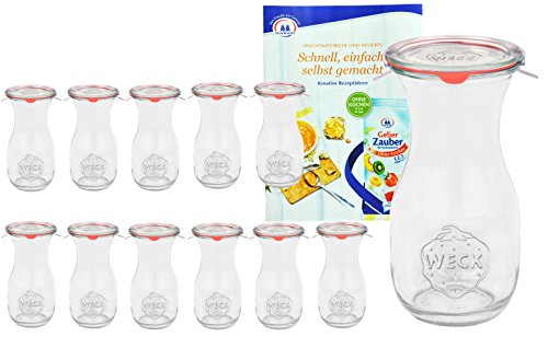 12er Set Weck Gläser 290ml 1/4 Liter Saftflasche mit 12 Glasdeckeln, 12 Einkochringen und 24 Klammern inkl. Gelierzauber Rezeptheft von Diamantzucker
