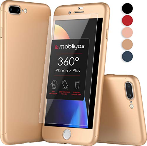 Mobilyos Funda iPhone 7 Plus 360 Grados Completa - Carcasa Integral con X2 Protector de Pantalla de Vidrio Templado para Apple iPhone 7 Plus - Funda Delantera y Trasera con Cristal Templado (Oro)
