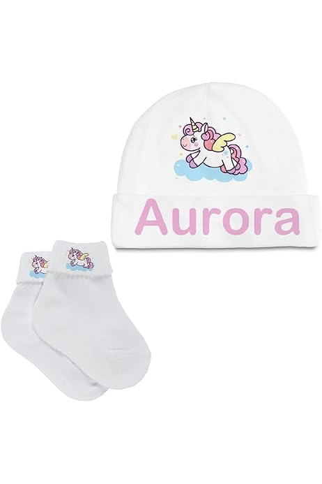 Set Nascita 2 Pezzi Cappellino E Calzini Personalizzati | 100% Cotone | Con Nome E Orsetto | Idea Regalo Per Neonato