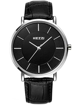 Kezzi Herren Uhren Armbanduhr Klassische Analog Quarz Uhr mit Schwarz Leder Band Herrenuhr Silber für Männer