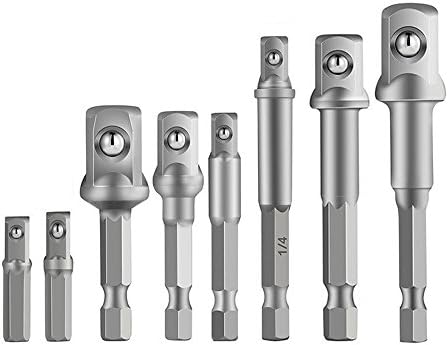 8Pcs Socket Adapter/Extension Set Impact Hex Shank Drill Bits Set 1/4" 3/8" 1/2" for Drill CR-V Quick Change Nut Driver Socket Bit Set Adapters to Use with Drill Chucks or Screw Impact Drivers