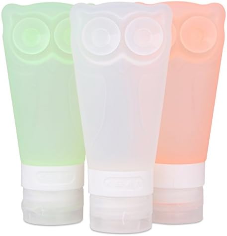 ZWQ Silicone Travel Bottles Set, Refillable Cosmetic Containers, Owl-Shaped Squeezable Leakproof Reusable Travel Containers in green clear orange (2.8oz/83ml ,3 packs)