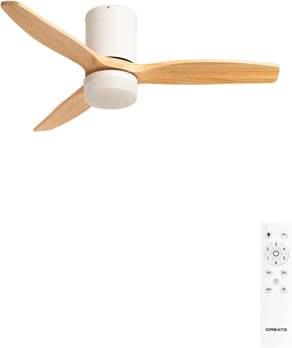 CREATE / WINDCALM S/Ventilador de techo ABS con luz blanco aspas efecto madera clara con mando / 40W, Silencioso, Ø112 cm, 6 velocidades, 3 temperaturas de luz, temporizador, función verano-invierno