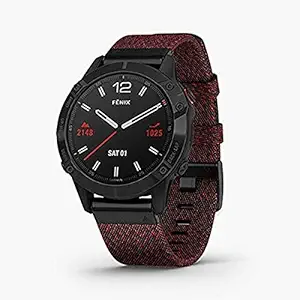 Garmin Fenix 6 Sapphire - Black DLC with Heathered Red Nylon Band , Smartwatch Comes with 2 Wrist Bands ( Silicone & Nylon)