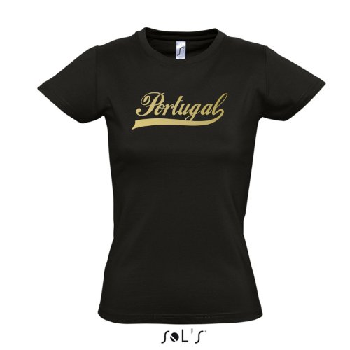 Damen T-Shirt – Portugal Oldschool LÄNDERSHIRT EM / WM FAN Trikot S-XXL , Deep black – gold , L