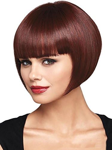 Fashion Short Straight Fluffy Bob Wig With Neat Bangs Red Wine Natural As Real Hair High Temperature Fiber Synthetic Hair for Women