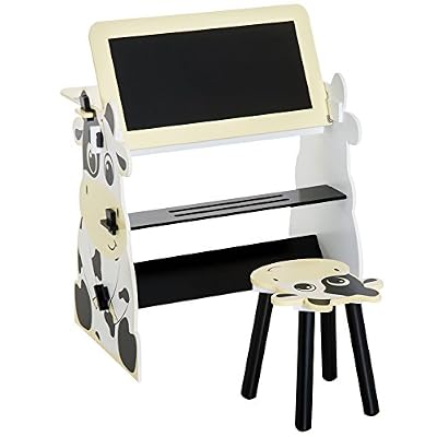 Homcom Bureau modulable Enfant Bureau Ardoise 2 en 1 + Tabouret Plateau relevable Double Face Repose-Pieds Accessoires fournis Bois Motif Vache Noir Blanc