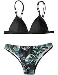 Conjunto de Bikini para Mujer, LILICAT® Parte de Arriba Bikini Push Up Básico + Tanga Bikini Playa de Hojas de Impresión Mujer, 2 PCS Traje de Baño 2018 Verano Sexy (XL, Negro)
