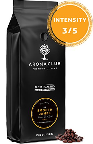 Preisvergleich Produktbild Aroma Club Kaffeebohnen 1kg - Milde / Dunklerl Röstgrad Smooth James - Kolumbianischer Kaffee - Langsam geröstet - CO2 Neutral - Kaffee Bohnen Vollautomat