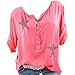 Produktbild Bluse Damen Herbst Shirt Knopf Fünfzackigen Stern Hot Drill Tops Oberteil Langarm 3/4 Ärmel O-Ausschnitt Sweatshirt Langarmshirt Lose Hemd Tunika