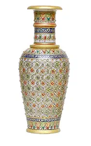 Aapno Craft Designer Decorative Marble Flower Vase | Round Shape Beautiful Sea Color Rajasthani Meenakari Handpainted Work Showpiece Vases for Home Decoration (Multicolor, 12.5x12.5x30 cm) 12 Inch