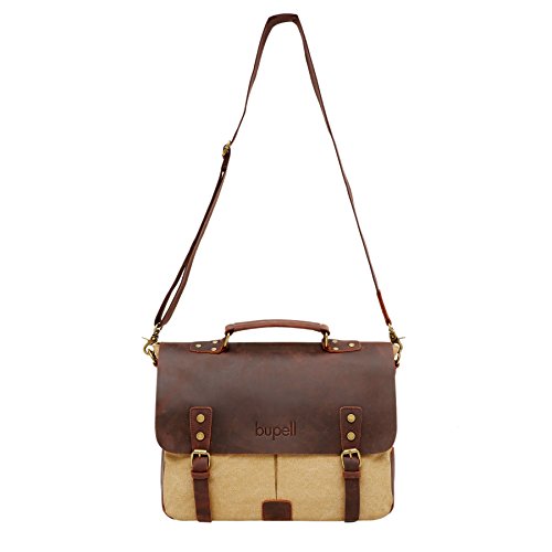 bupell Umhängetasche für Laptop und Akten aus echtem Büffel-Leder und Canvas – Für Notebooks bis 14″ – Unisex Vintage Messenger Bag, Aktentasche, Schultertasche, Notebooktasche – - 6