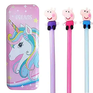 Pink Unicorn Style Stationery Set for Girls /Boys/Kids - with Pencil Case and 3 Peppa Pig Pen for Kids- Return Gift,Multicolor