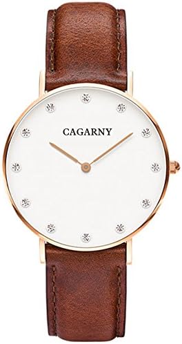 Women's Watch Quartz with Analog Display Leather Strap(Diam. 36mm)3 ATM White Dial with Clear Crystals As Indexes Simple Design Fashion-T6813 (Brown)