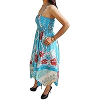 Freya Women Halter Dress Handkercheif Hem Recycled Sari Two Layered Holiday Sundresses S/M (Sky Blue)