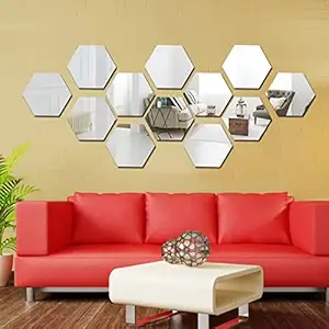 WallDaddy Mirror Finish Plastic Sticker Size (12x10)cm Each Hexagon Pack of 12 for Bedroom, Drawing Room, Kids Room, Walls, Doors, Mirror, Furniture etc