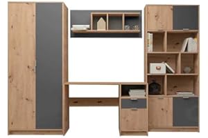 AVANTI TRENDSTORE-Kaeli-Set di mobili camera da letto dei ragazzi/ospiti legno laminato, con armadio, scrivania, libreria e scaffale a muro. Posizionati liberamente.