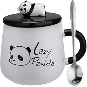 DRV Sales Creative 3D Panda Coffee Mugs Ceramic Office Coffee Cup Kids Water Cup with Lid with Spoon Birthday Gift Present Cartoon Panda Porcelain Drinkware Gift (Black or White Multi Color )