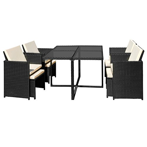Miadomodo Polyrattan Sitzgruppe Sitzgarnitur Gartenmöbel 9-teilig in der Farbe nach Ihrer Wahl (Schwarz - Sitzkissen: Cremeweiß)