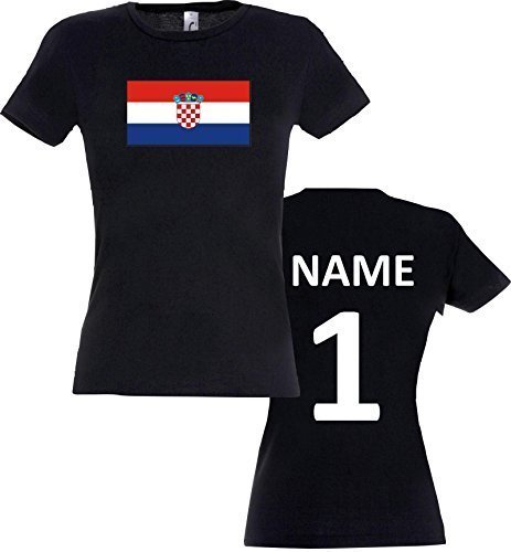Lady T-Shirt Kroatien Croatia Ländershirt mit Wunschnamen und Nummer, Farbe schwarz, Größe XS