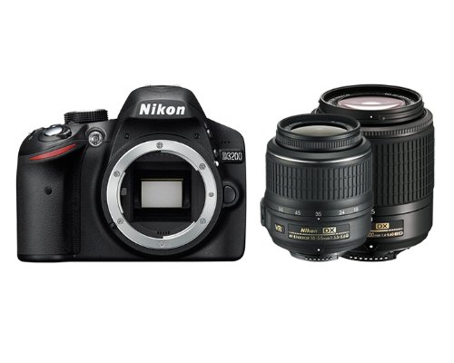 spécification Nikon D3200 Appareil photo numérique Reflex 24.7 Kit + Objectif AF-S DX Nikkor VR 18-55 mm + Objectif 55-200 mm Noir