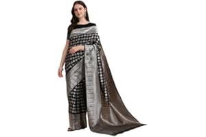 Jaanvi Damen Kanchipuram Seidenkaree mit silbernem Zari-Arbeits- und Blusenteil, Schwarz , One size