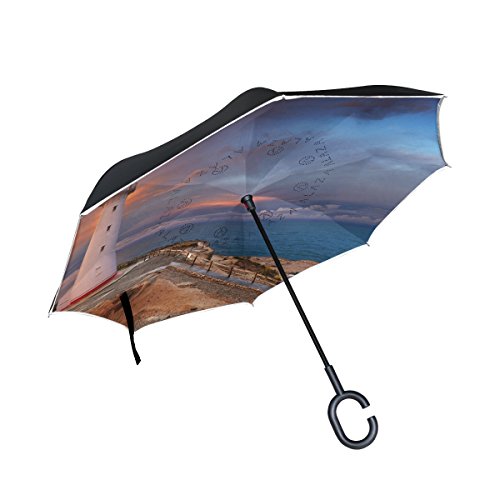 Preisvergleich Produktbild COOSUN Castle Point Leuchtturm Neuseeland Double Layer Inverted Regenschirm Reverse-Regenschirm für Auto-und Außeneinsatz Regen windundurchlässiger wasserdichtes UV-Schutz Big gerades Regenschirm mi