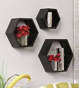 Techhark Home Decor Hexagonal Shape MDF (Medium Density Fiber) Fiber Wall Shelf for Living Room Decorative Self, Black, Set of 3