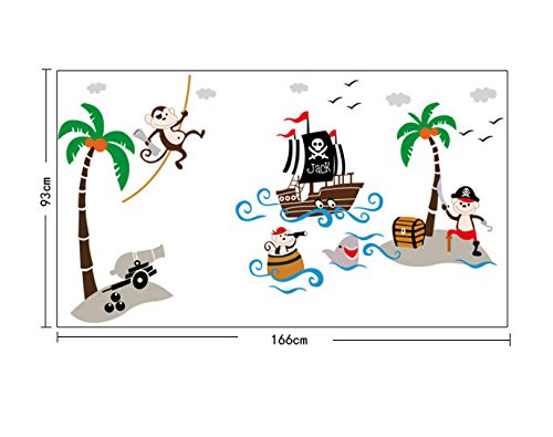 ufengke Cartoon-Piraten-Schiff Affepirat Kokos-Insel Wandsticker,Kinderzimmer Babyzimmer Entfernbare Wandtattoos Wandbilder - 3