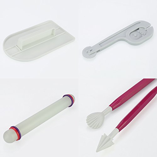 Auralum® 11-teilig Kuchendekorationswerkzeuge, Modellierset – Zuckerkunst, Torten-Set Modellierwerkzeug, Teigglätter/-messer/-roller für Torten, Kuchen und Deko (Rosa) - 2