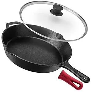 cuisinel Pre-Seasoned Cast Iron Skillet (12-Inch) W/Tempered Glass Lid and Handle, 12 Inch, Black