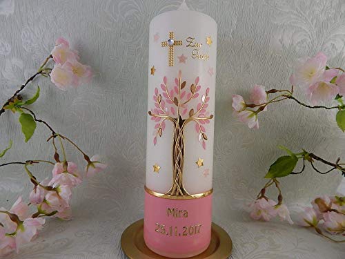 Taufkerze Lebensbaum Kreuz Sterne gold rosa pink Taufkerzen Mädchen 250/70 mm inkl. Beschriftung - 2