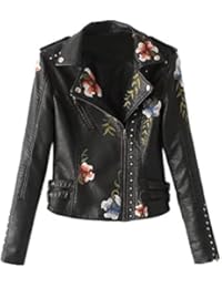 iBaste Corto Cazadora Cuero Mujer Impresa Flor Chaqueta de Piel Sintética Abrigo de Primavera y Otoño