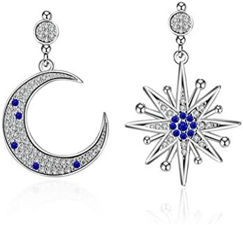 Wunhope Dangle Earrings Women Ladies Girls 925 Sterling Silver Star Moon Bling-Zirconia Asymmetric anti - allergy Studs Earrings