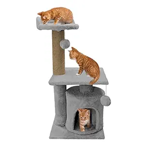 Hiputee Soft Fur Activity Scratching Post / Cat Tree for Kittens & Cats - Natural Sisal Rope Two Floor Tower (Grey)